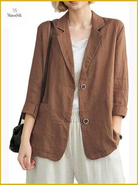 Linen Blazer 3/4 Sleeve Notch Lapel Casual Work Office Jacket with Pockets